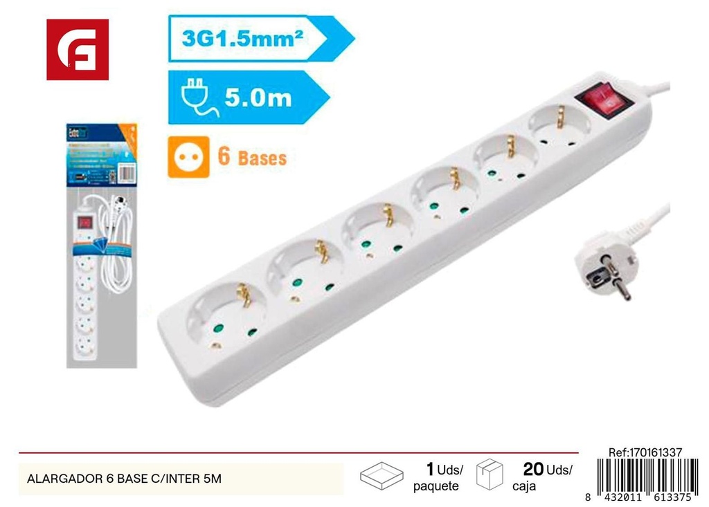 Alargador 6 bases con interruptor 5m para electricidad y enchufes