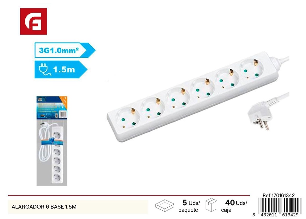 Alargador 6 tomas 1.5m para electricidad