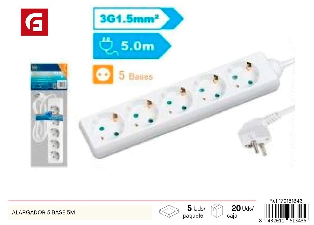 Alargador 5 bases 5m para suministros eléctricos