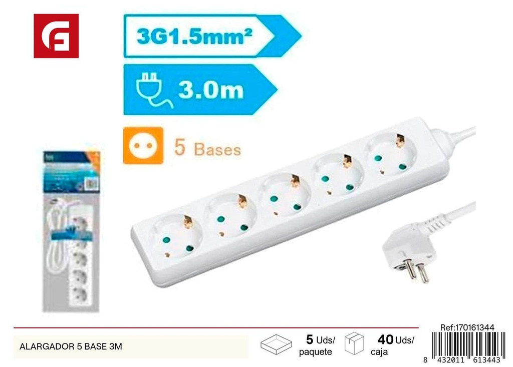 Alargador de 5 bases 3 m - Extensión eléctrica