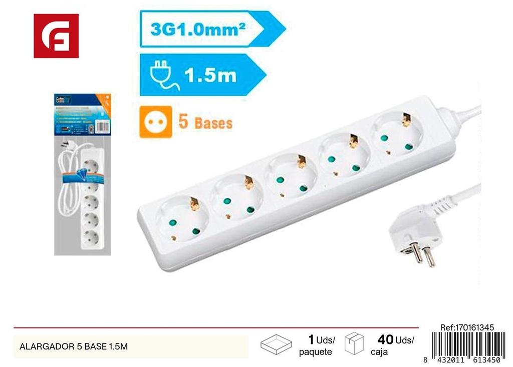 Alargador 5 bases 1.5m para electricidad