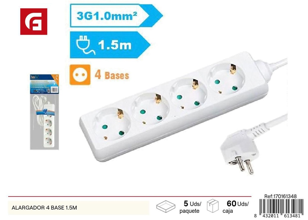 Alargador 4 bases 1.5m para conexiones eléctricas