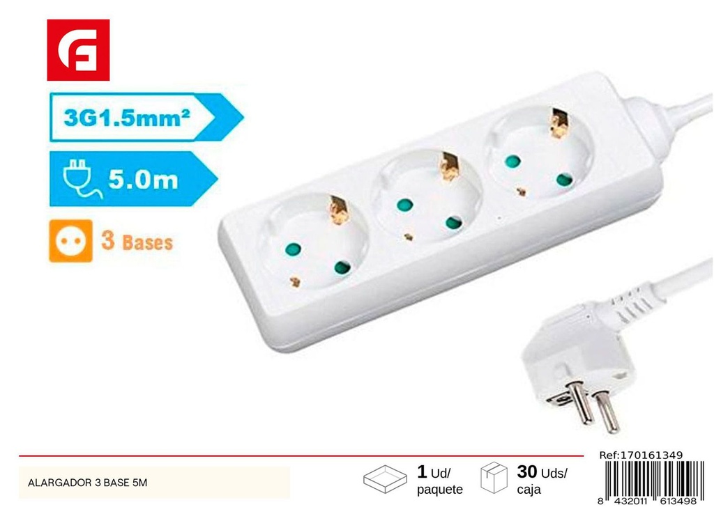 Alargador 3 bases 5m para electricidad