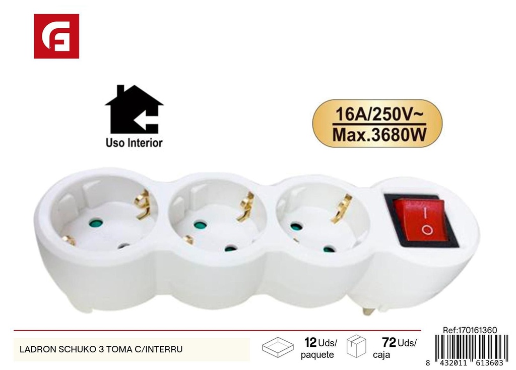Adaptador Schuko 3 tomas con interruptor - Electrónica