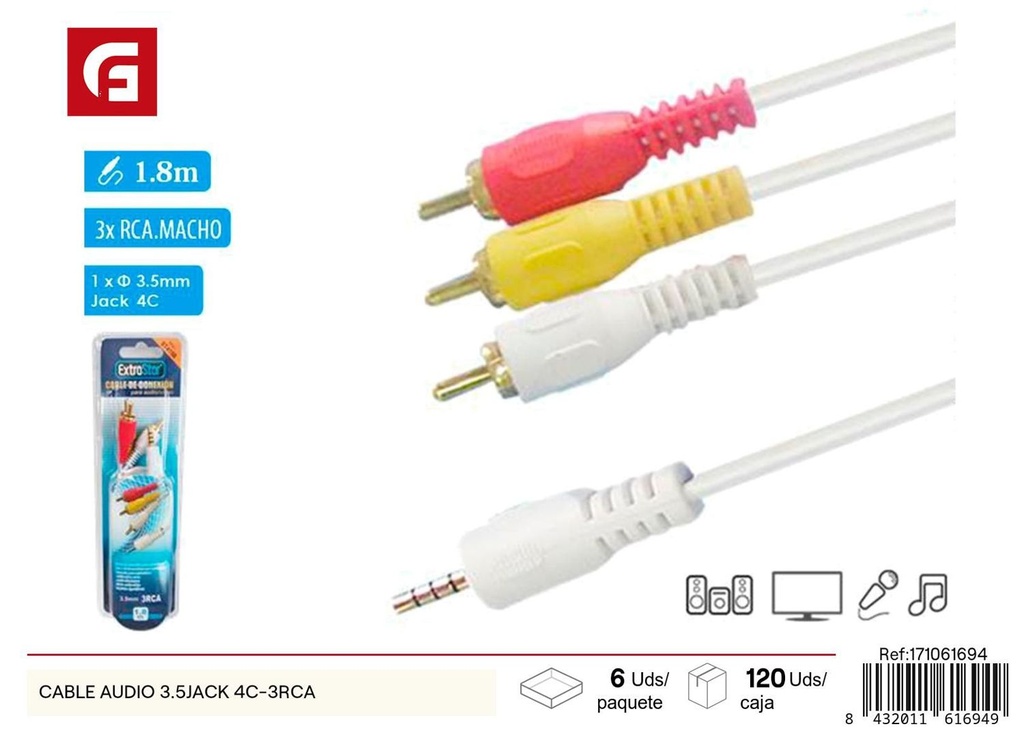 Cable audio 3.5jack 4c-3rca para conexiones