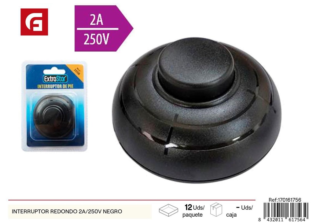 Interruptor redondo 2A/250V negro para conexiones eléctricas