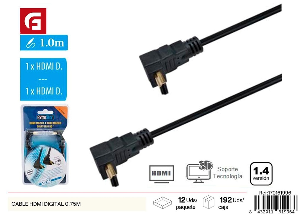 Cable HDMI digital 0.75m para conexión multimedia