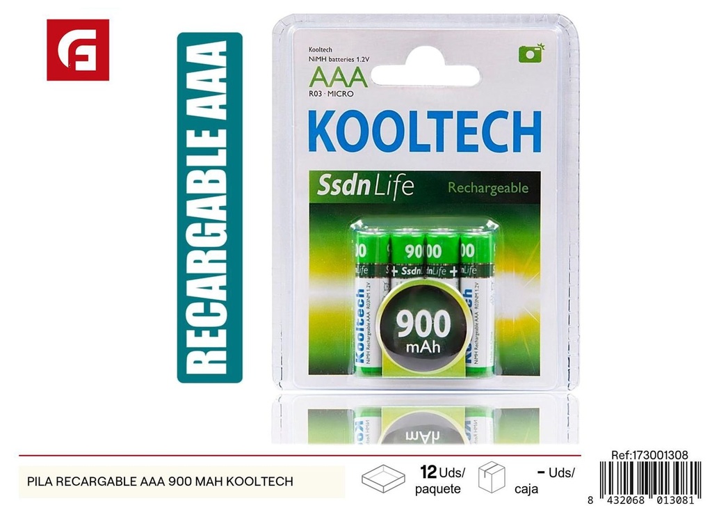 Pila recargable AAA 900mAh Kooltech para dispositivos electrónicos