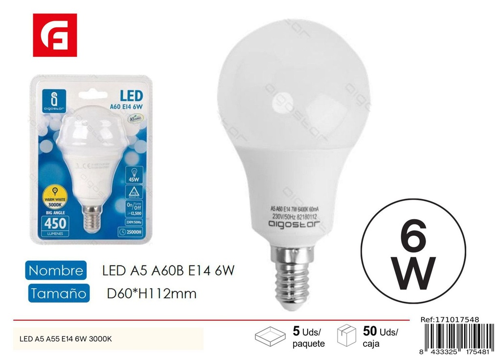 Bombilla LED A60 E14 6W 3000K - Iluminación