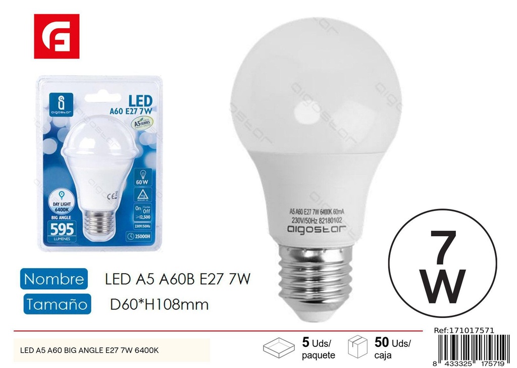 Bombilla LED A60 E27 7W 6500K para iluminación