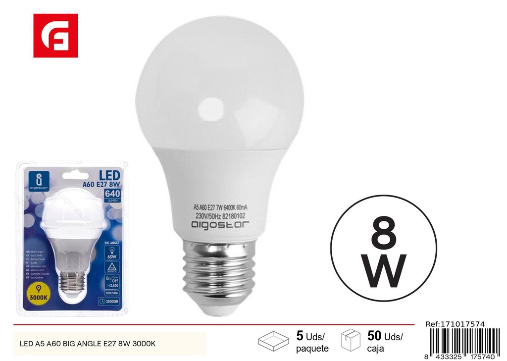 Bombilla LED A60 E27 8W 3000K - Iluminación