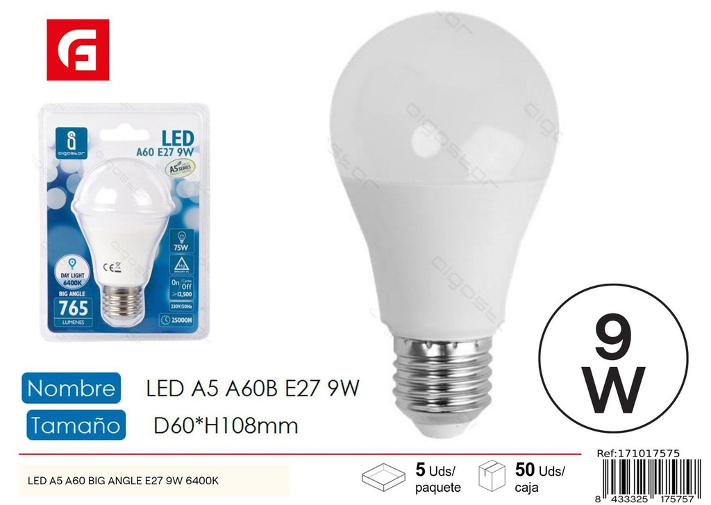 Bombilla LED A5 A60 big angle E27 9W 6400K