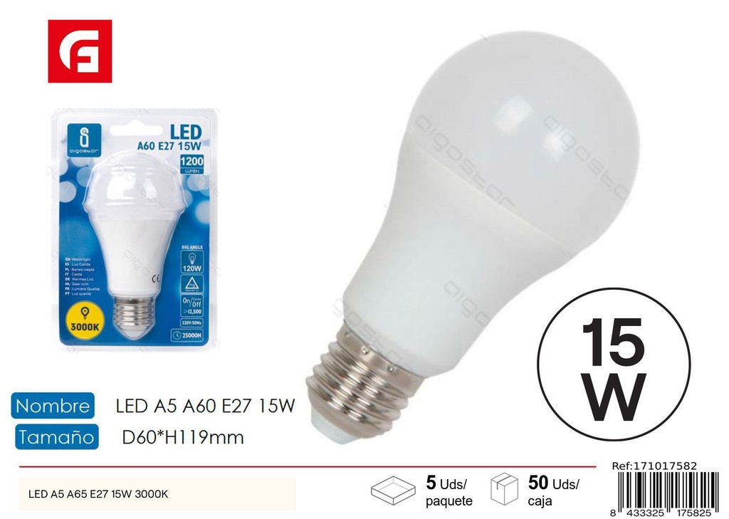 Bombilla LED A60 E27 15W 3000K - Iluminación eficiente