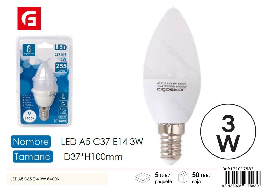 Bombilla LED C37 E14 3W 6500K para iluminación fría