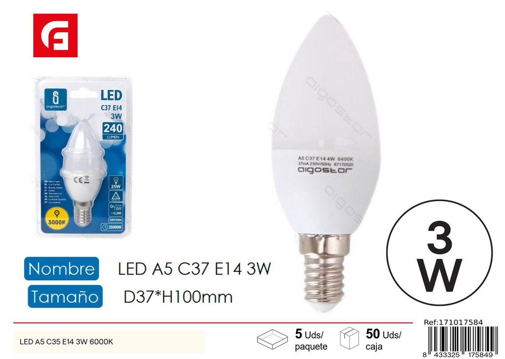 Bombilla LED C37 E14 3W 3000K