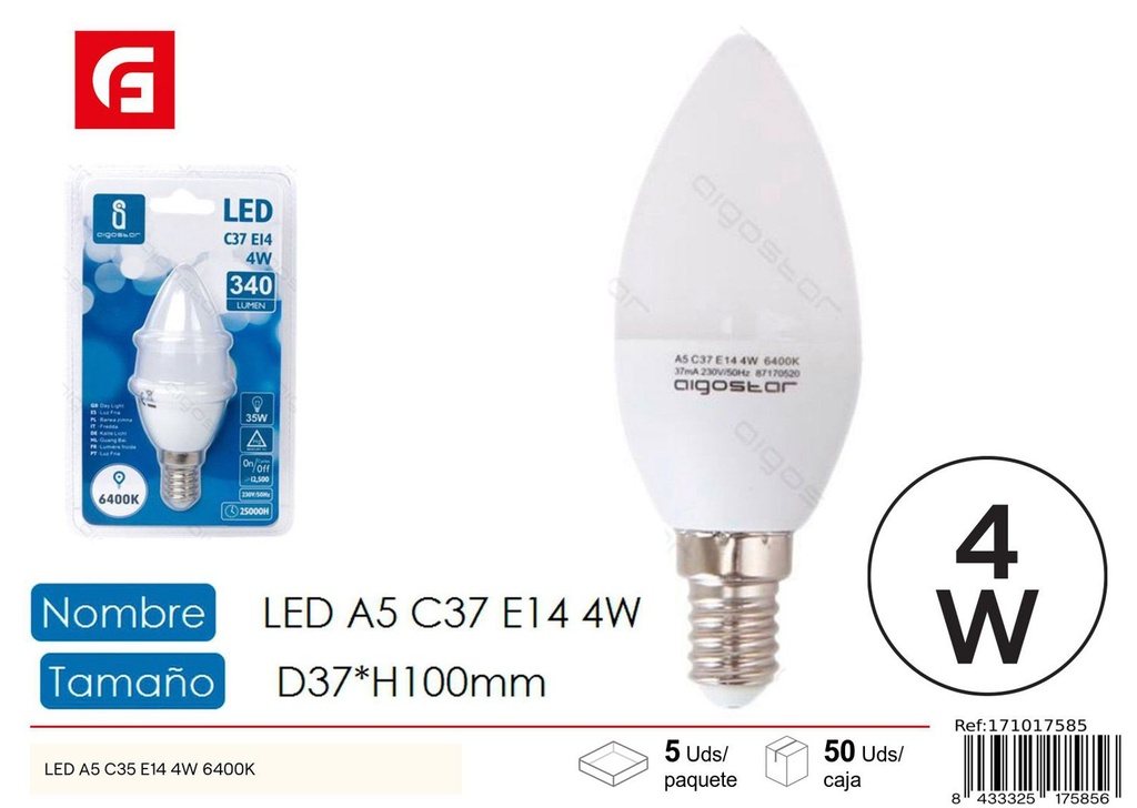 Bombilla LED C37 E14 4W 6500K