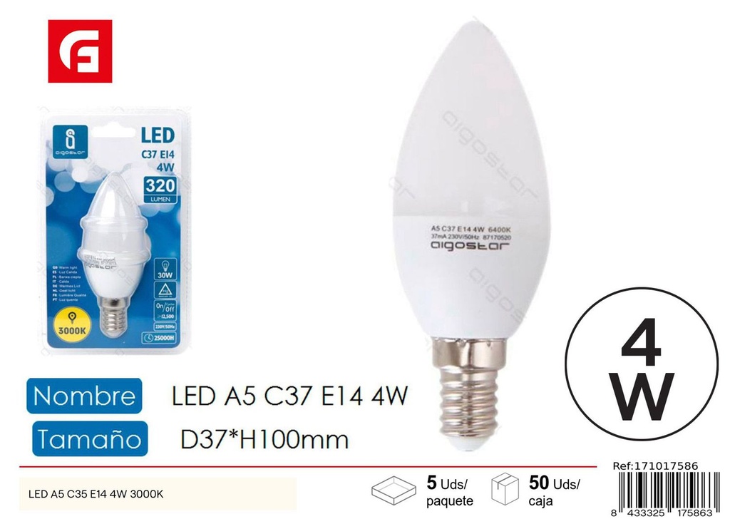 Bombilla LED C37 E14 4W 3000K para iluminación