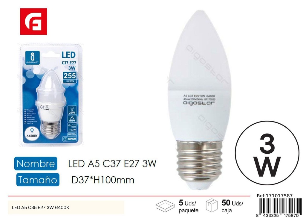 Bombilla LED C37 E27 3W 6500K para iluminación eficiente