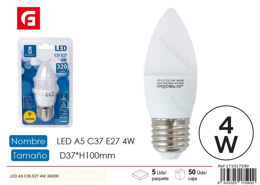 Bombilla LED C37 E27 4W 3000K luz cálida