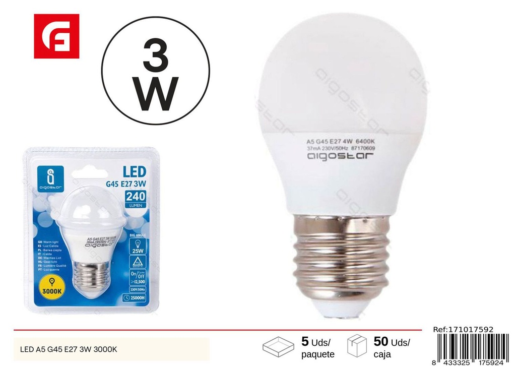 Bombilla LED G45 E27 3W 3000K - Iluminación