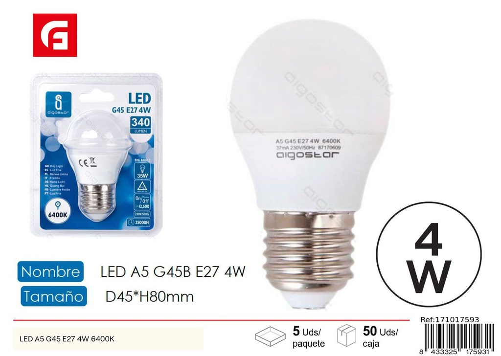 Bombilla LED G45 E27 4W 6500K - Iluminación LED