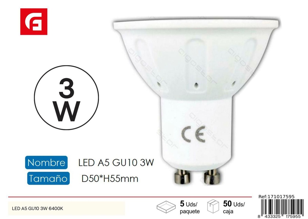 Bombilla LED GU10 3W 6500K 240LM para iluminación