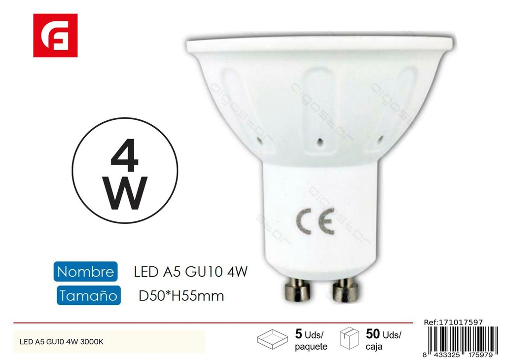 Bombilla LED GU10 4W 3000K 320LM iluminación