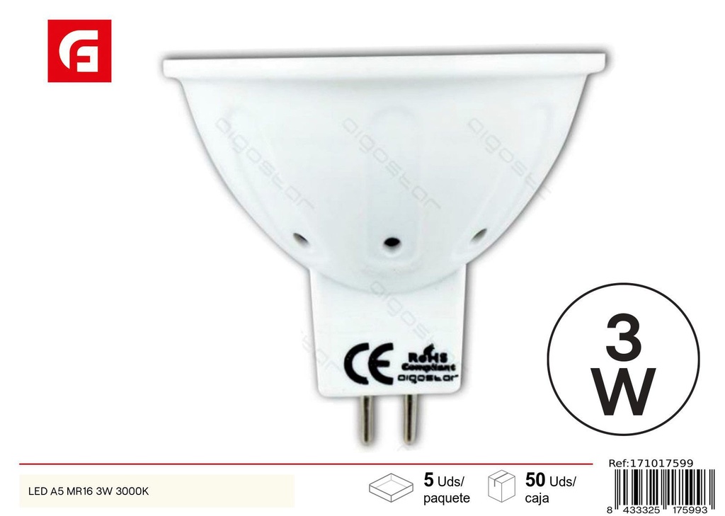 Bombilla LED MR16 3W 3000K 250LM - Iluminación LED