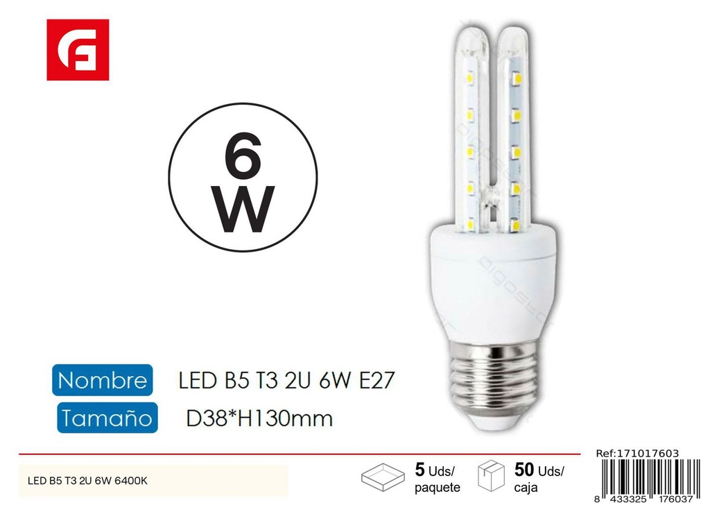 Bombilla LED en forma de U 2U E27 6W 6500K para iluminación