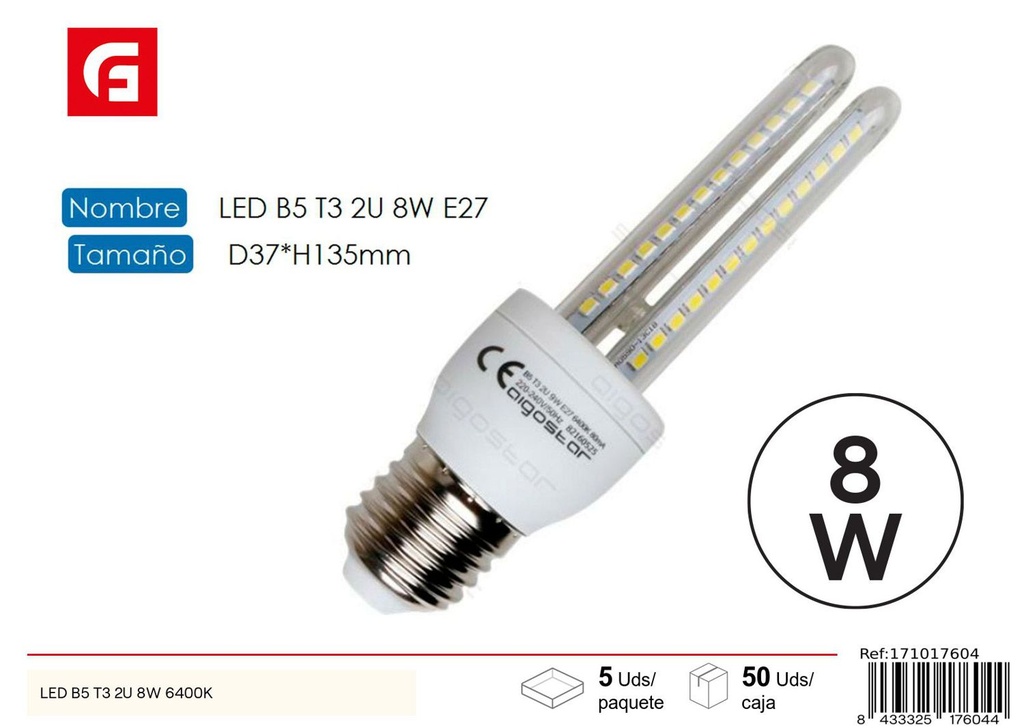 Bombilla LED en forma de U 2U E27 8W 6500K