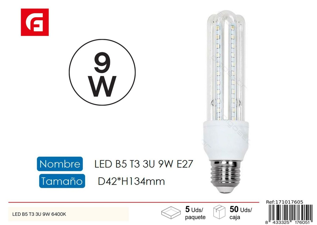 Bombilla LED en forma de U 3U E27 9W 6500K