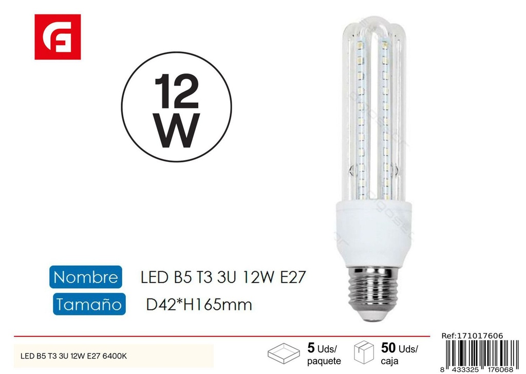 Bombilla LED forma U 3U E27 12W 6500K para iluminación