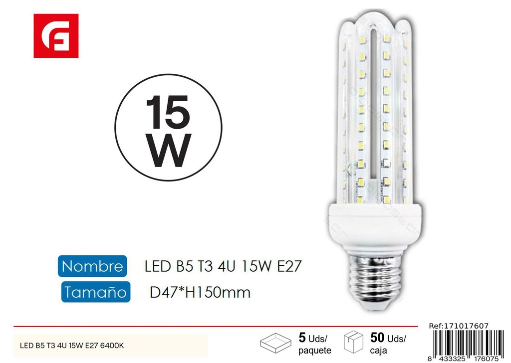 Bombilla LED en forma de U 4U E27 15W 6500K para iluminación