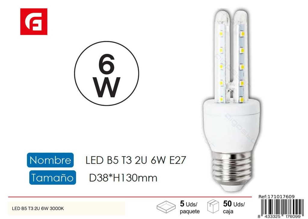 Bombilla LED en forma de U 2U E27 6W 3000K para iluminación