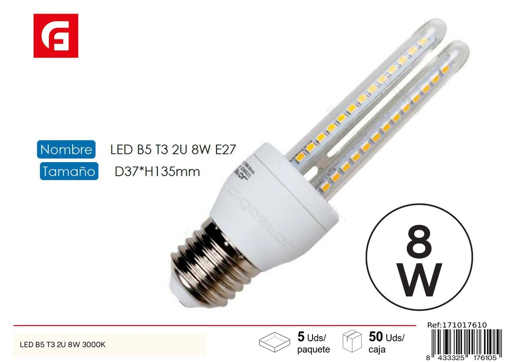 Bombilla LED en forma de U 2u E27 8W 3000K para iluminación