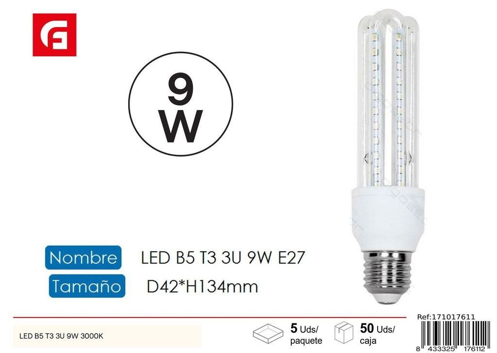 Bombilla LED en forma de U 3U E27 9W 3000K, iluminación