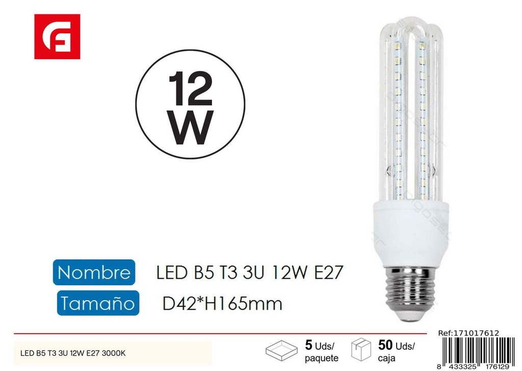 Bombilla LED en forma de U 3U E27 12W 3000K para iluminación