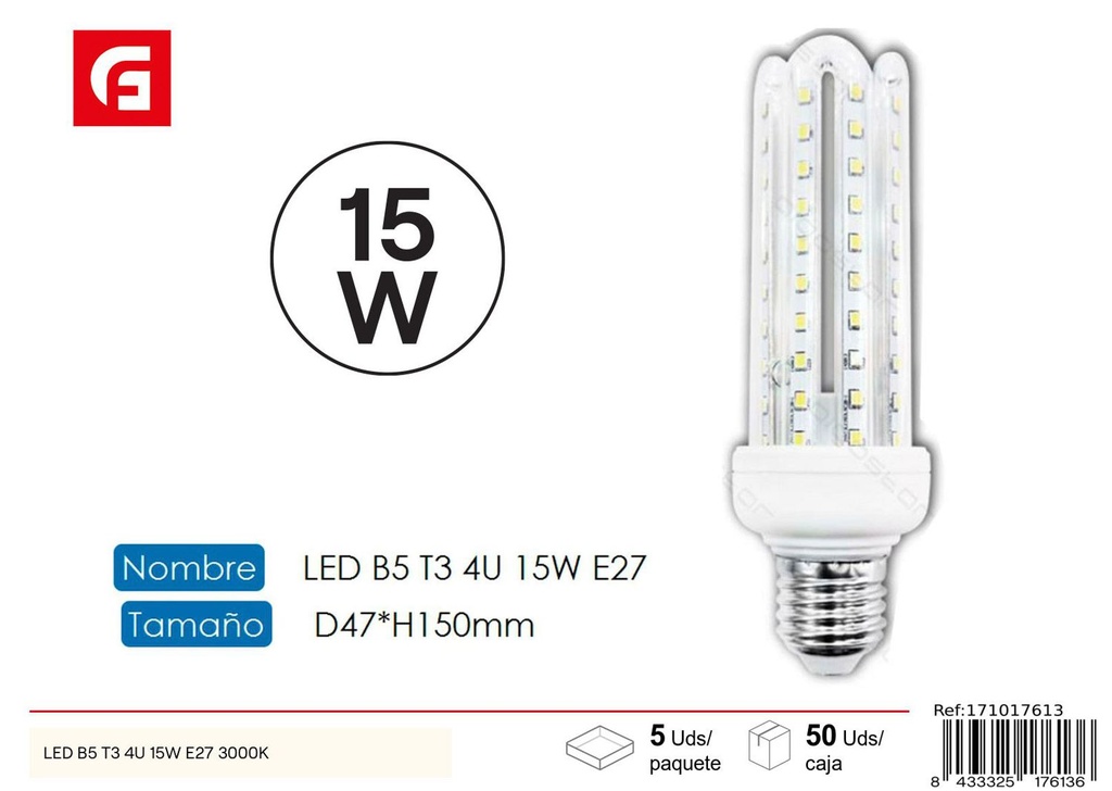 Bombilla LED en forma de U 4U E27 15W 3000K para iluminación