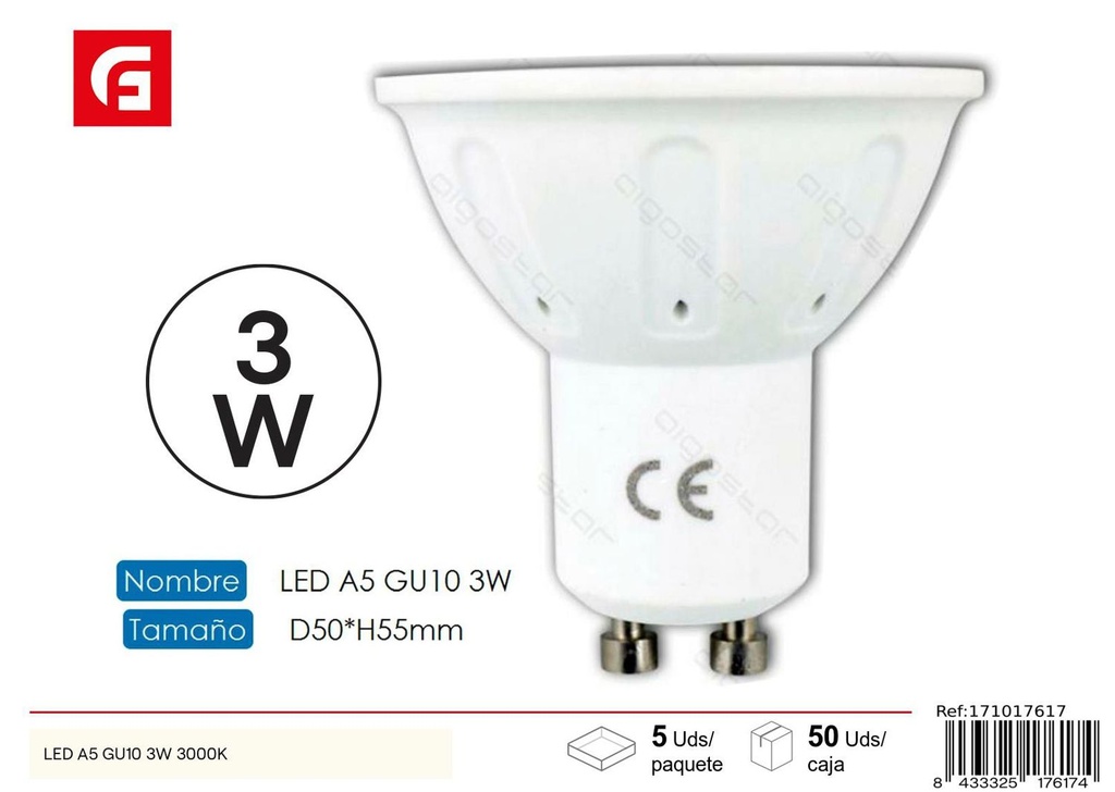 Bombilla LED GU10 3W 3000K 240lm para iluminación