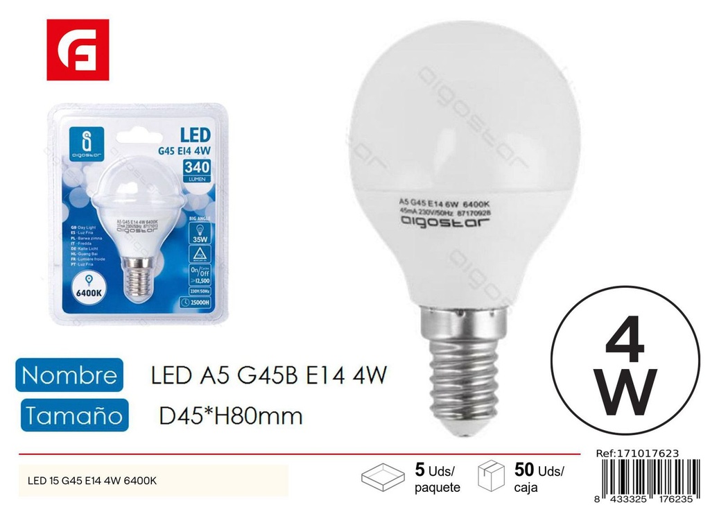 Bombilla LED G45 E14 4W 6500K para iluminación