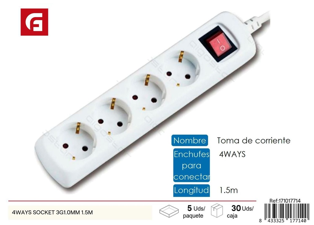 Regleta con 4 enchufes 3G1.0mm 1.5m para conexiones eléctricas