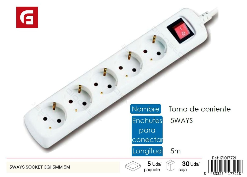 Regleta con 5 tomas 3G1.5mm 5m para eléctricos