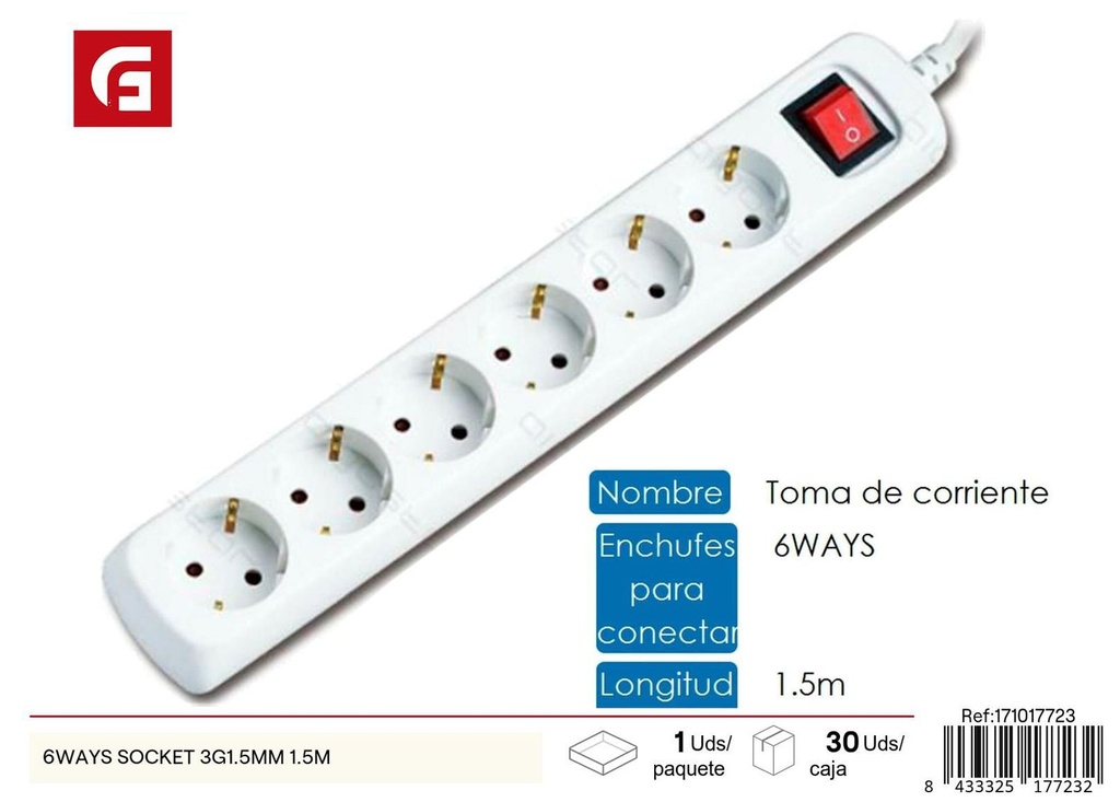 Regleta con 6 tomas 3G1.5mm 1.5m para electricidad