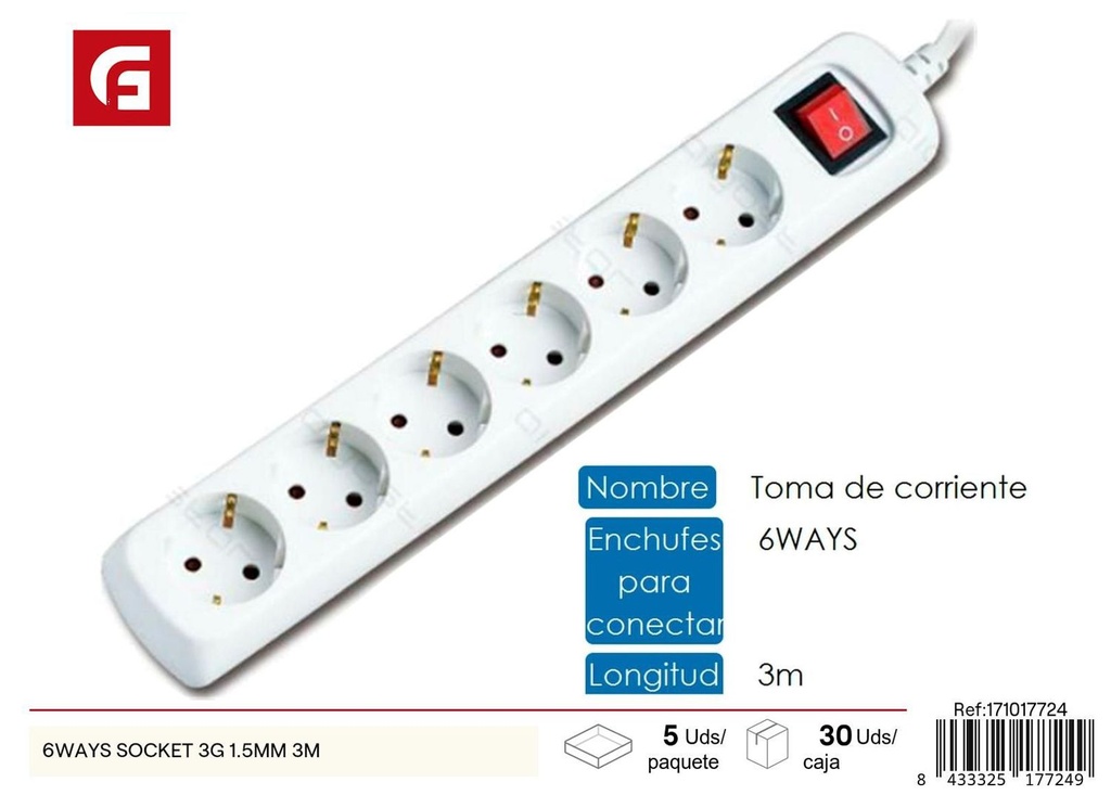 Regleta de 6 enchufes con cable 3G 1.5mm 3m