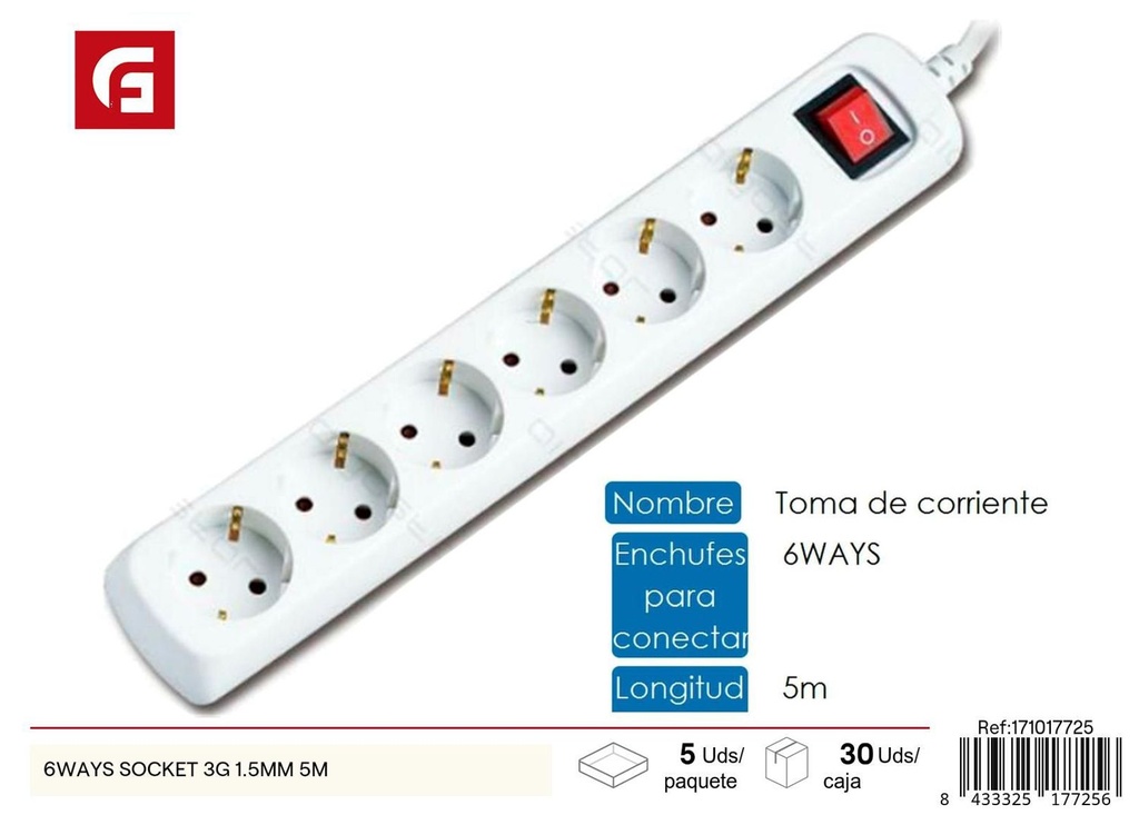 Regleta 6 tomas 3G 1.5mm 5m para energía eléctrica