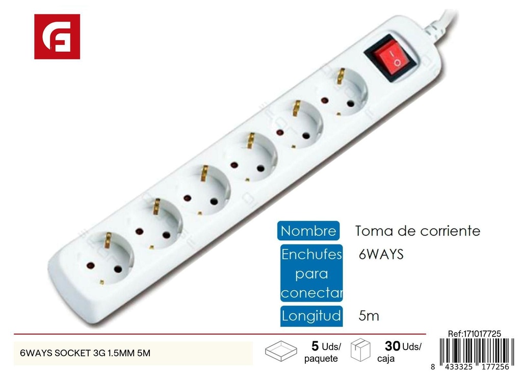 Regleta de 6 enchufes 3G 1.5MM 5M - Suministros eléctricos y extensiones