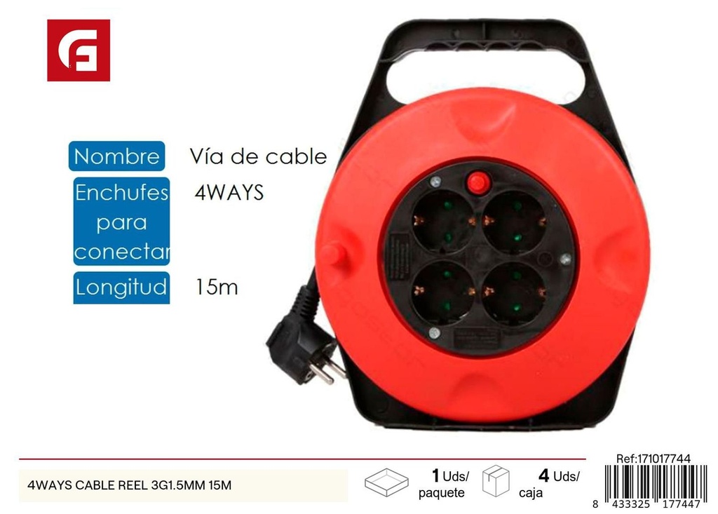 Regleta de enchufes 4 vías cable 3G1.5mm 15m para energía