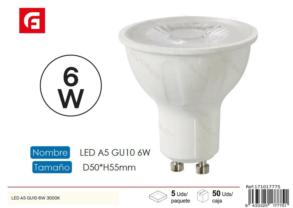 LED GU10 6W 3000K 480LM para iluminación y lámparas de techo