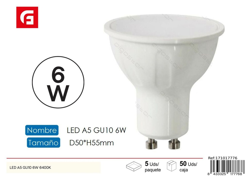 Bombilla LED GU10 6W 6500K 480LM para iluminación