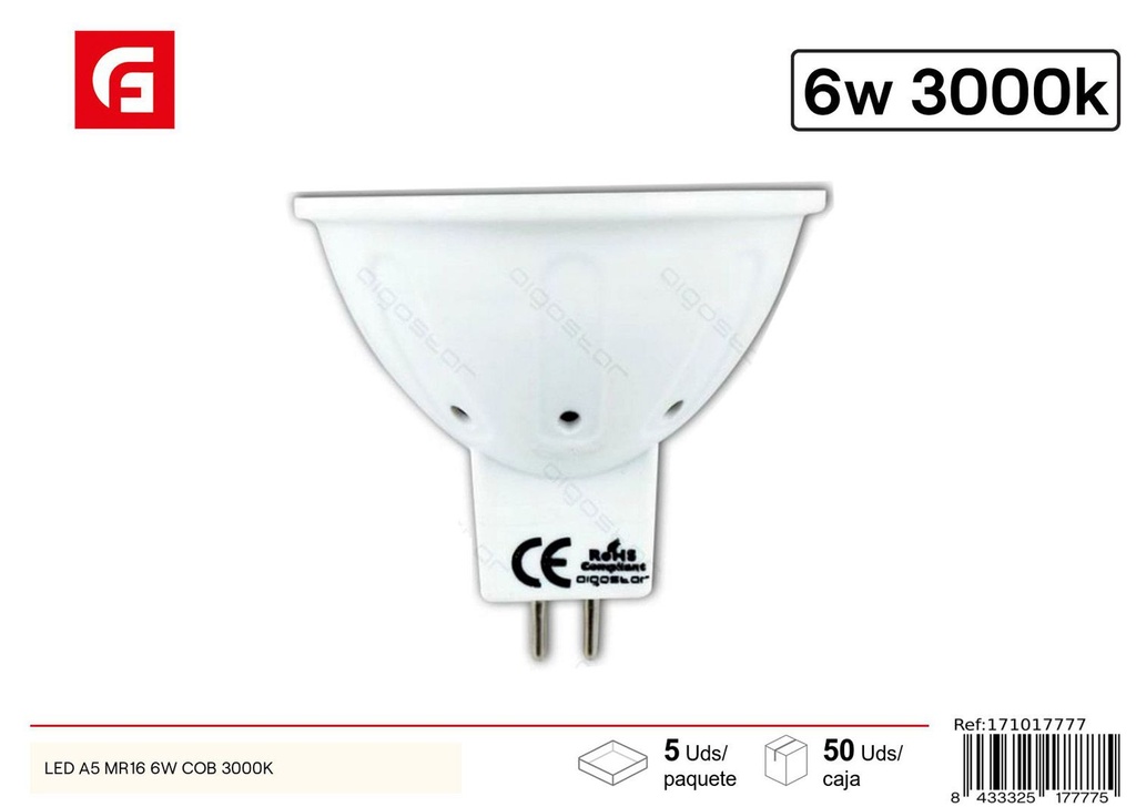 Bombilla LED MR16 COB 6W 3000K 480LM - Iluminación LED de alta eficiencia